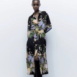 Zara Multicolored Floral Midi Shirt Dress